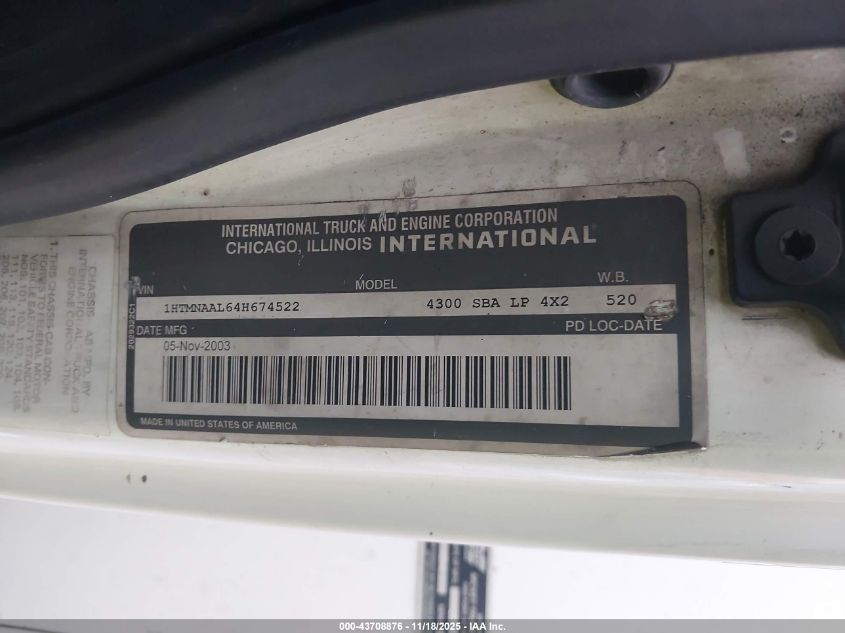 2004 International 4000 4300 VIN: 1HTMNAAL64H674522 Lot: 43708876