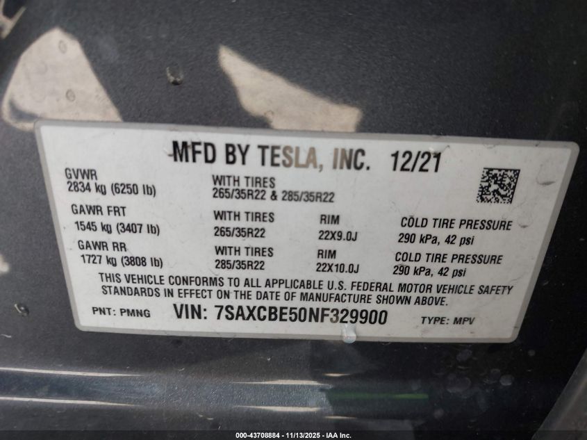 2022 Tesla Model X Dual Motor All-Wheel Drive VIN: 7SAXCBE50NF329900 Lot: 43708884