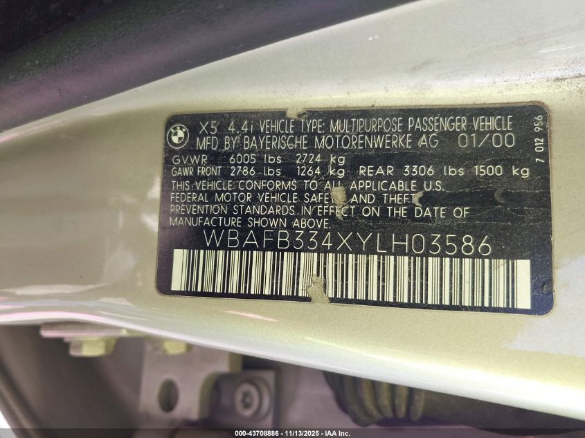 2000 BMW X5 4.4 VIN: WBAFB334XYLH03586 Lot: 43708886