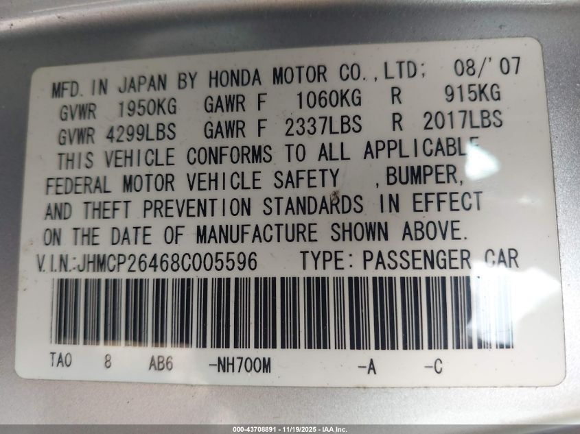 2008 Honda Accord 2.4 Lx-P VIN: JHMCP26468C005596 Lot: 43708891