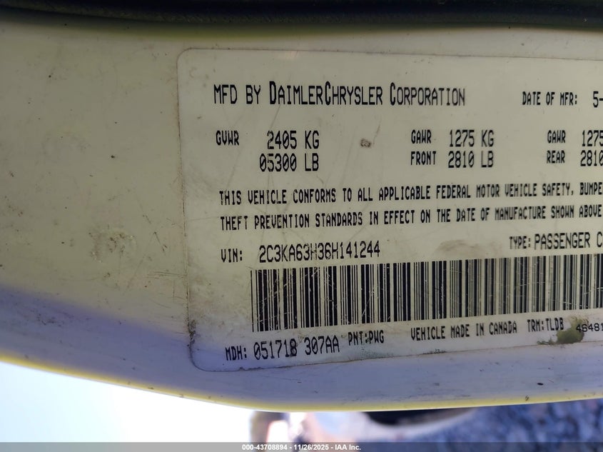 2006 Chrysler 300C VIN: 2C3KA63H36H141244 Lot: 43708894