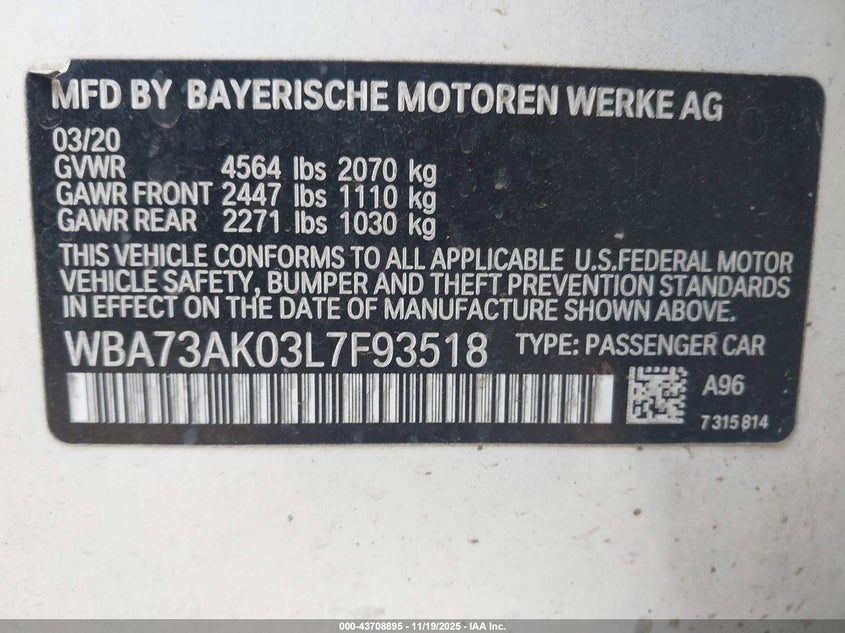 2020 BMW 228I Gran Coupe xDrive VIN: WBA73AK03L7F93518 Lot: 43708895