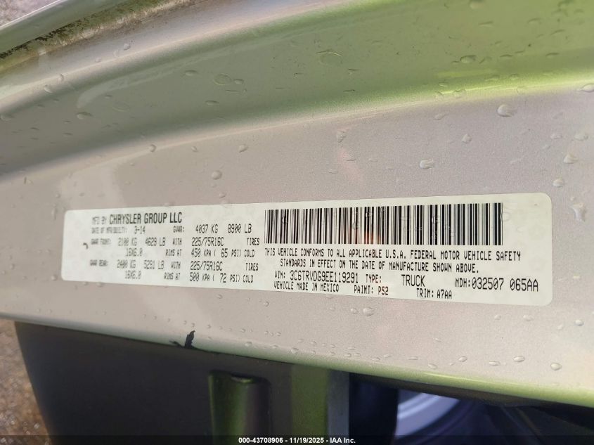 2014 Ram Promaster 2500 High Roof VIN: 3C6TRVDG9EE119291 Lot: 43708906