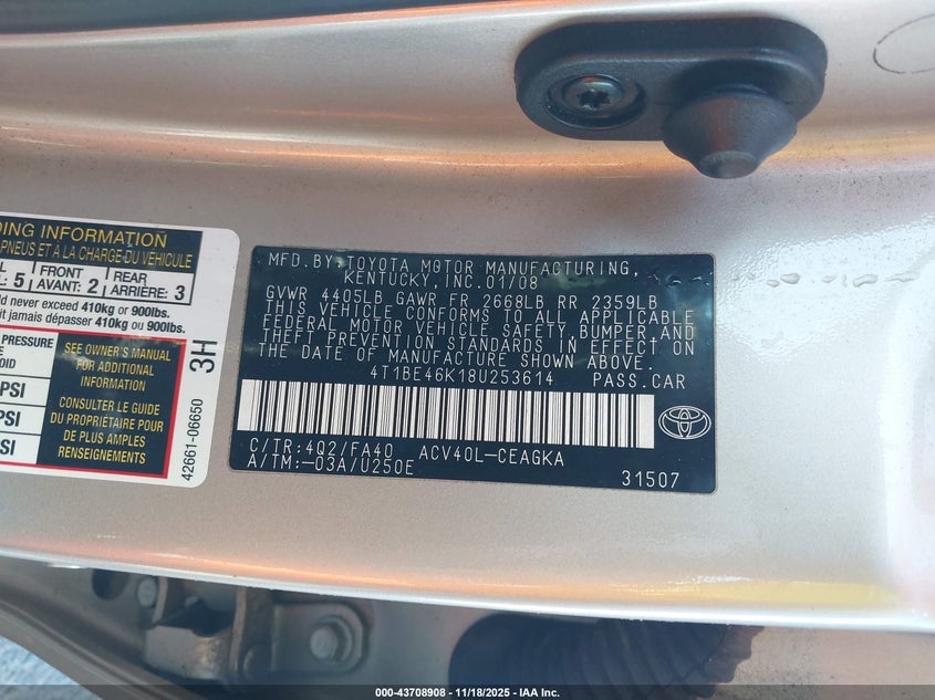 4T1BE46K18U253614 2008 TOYOTA CAMRY photo no. 9