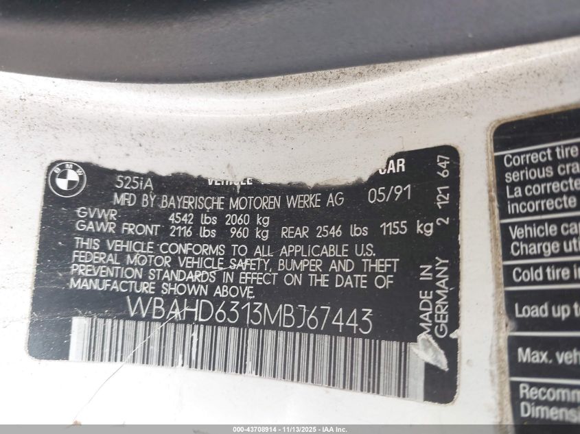 1991 BMW 525 I Automatic VIN: WBAHD6313MBJ67443 Lot: 43708914