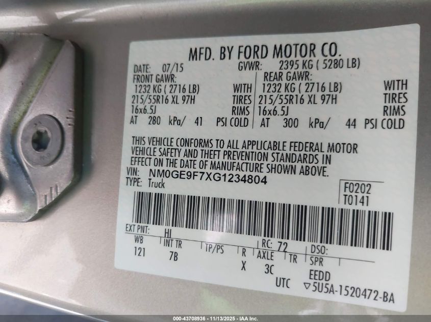 2016 Ford Transit Connect Xlt VIN: NM0GE9F7XG1234804 Lot: 43708936