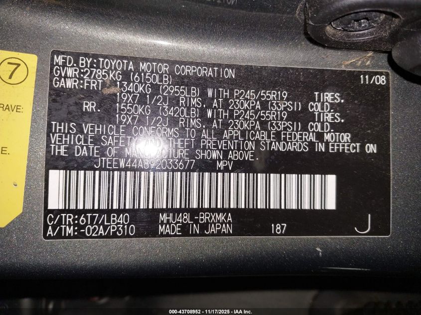 2009 Toyota Highlander Hybrid Limited VIN: JTEEW44A892033677 Lot: 43708952