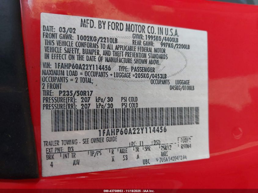 2002 Ford Thunderbird VIN: 1FAHP60A22Y114456 Lot: 43708953