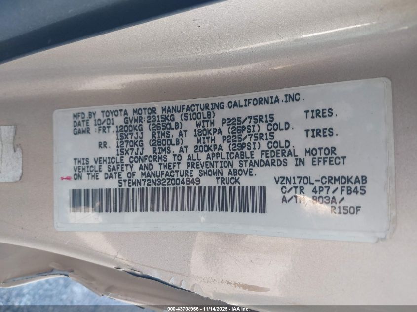 2002 Toyota Tacoma Base V6 VIN: 5TEWN72N32Z004849 Lot: 43708956