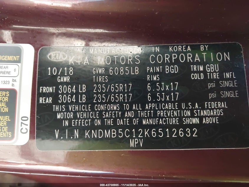 2019 Kia Sedona Lx VIN: KNDMB5C12K6512632 Lot: 43708985