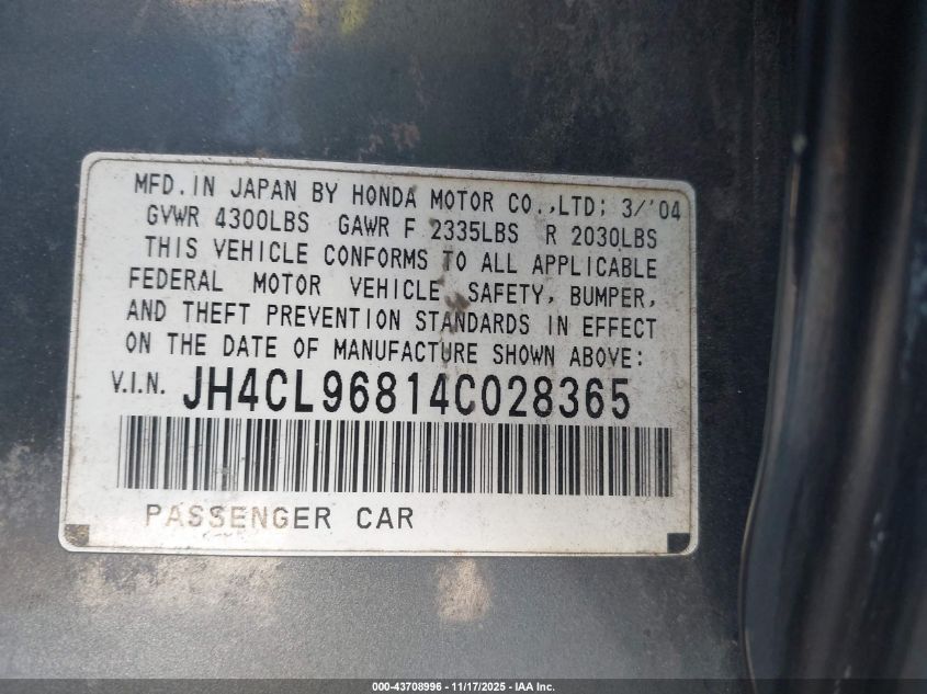 2004 Acura Tsx VIN: JH4CL96814C028365 Lot: 43708996