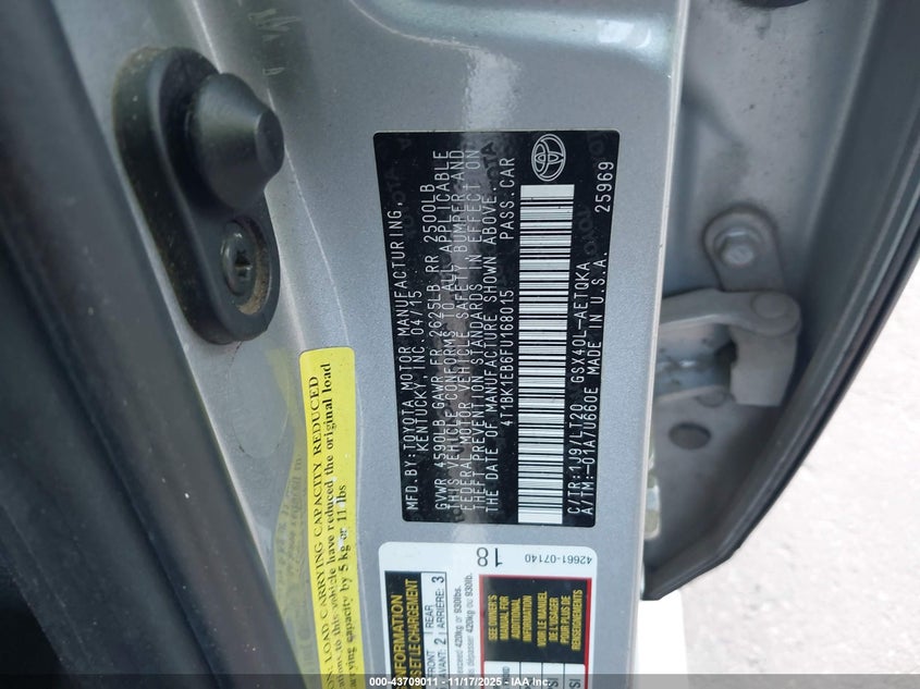 2015 Toyota Avalon Xle Touring VIN: 4T1BK1EB6FU168015 Lot: 43709011