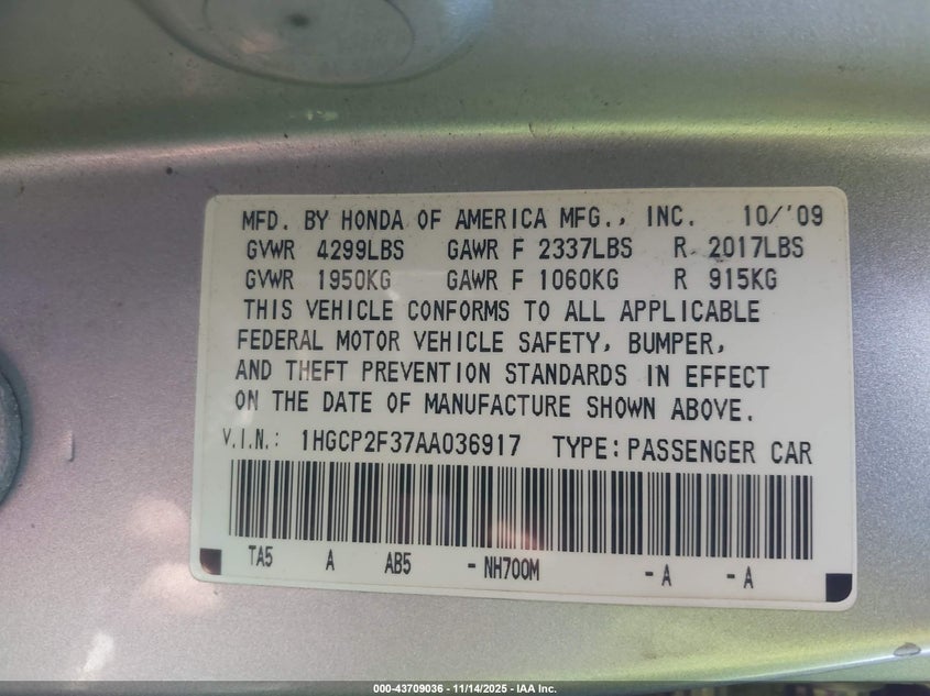 1HGCP2F37AA036917 2010 HONDA ACCORD photo no. 9