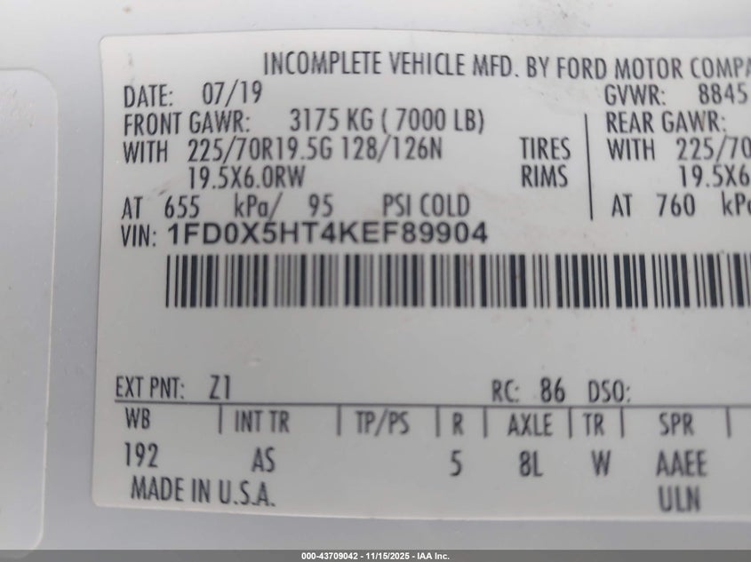 2019 Ford F-550 Chassis Xl VIN: 1FD0X5HT4KEF89904 Lot: 43709042