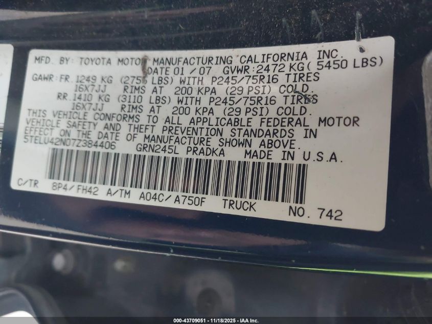2007 Toyota Tacoma Base V6 VIN: 5TELU42N07Z384406 Lot: 43709051