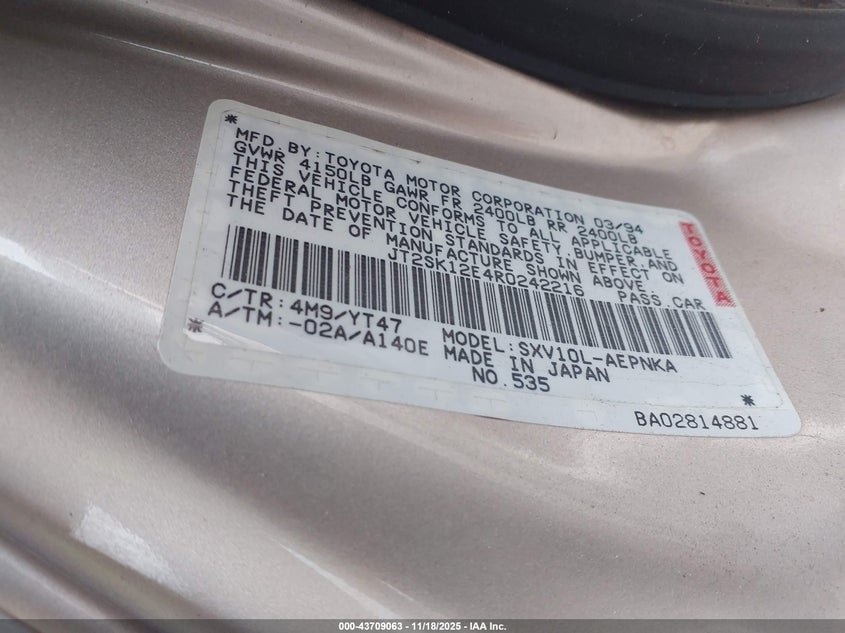 JT2SK12E4R0242216 1994 TOYOTA CAMRY photo no. 9