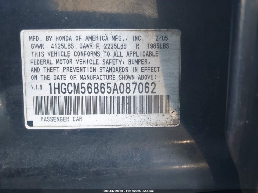 2005 Honda Accord 2.4 Ex VIN: 1HGCM56865A087062 Lot: 43709070