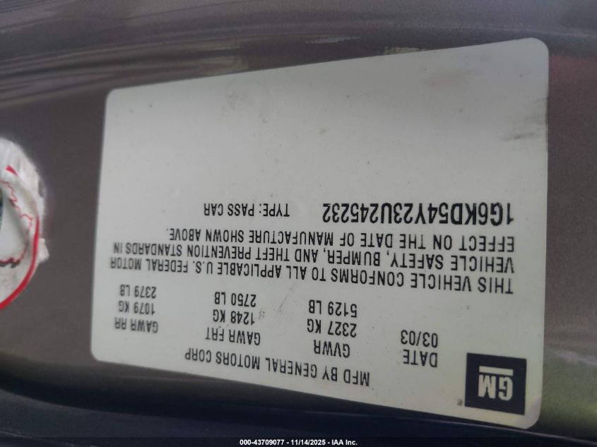 2003 Cadillac Deville Standard VIN: 1G6KD54Y23U245232 Lot: 43709077