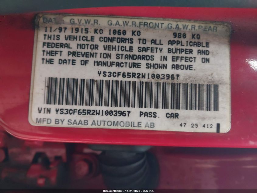 1998 Saab 9000 Cse VIN: YS3CF65R2W1003967 Lot: 43709080