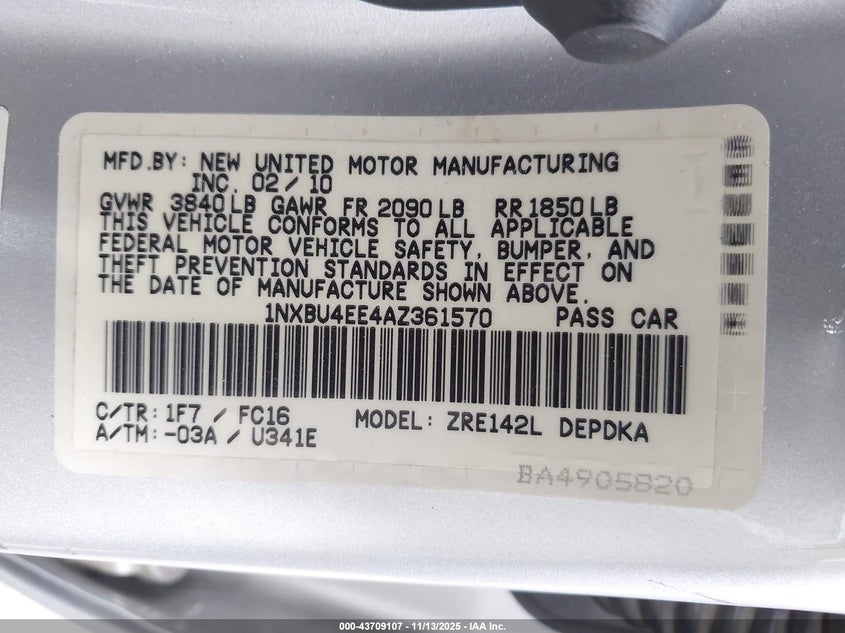 1NXBU4EE4AZ361570 2010 TOYOTA COROLLA photo no. 9