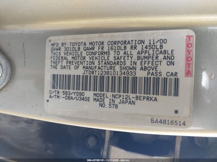 2001 Toyota Echo VIN: JTDBT123810134933 Lot: 43709119