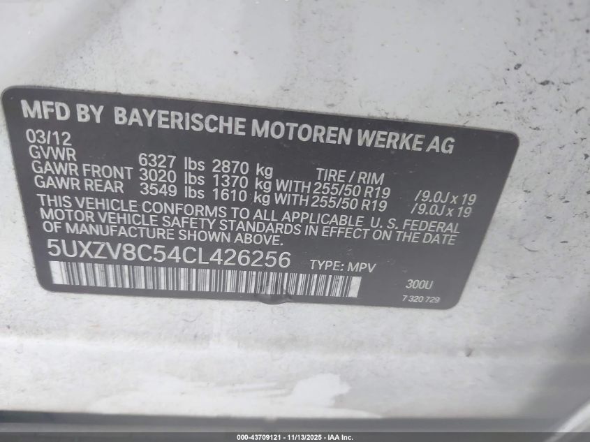 2012 BMW X5 xDrive50I VIN: 5UXZV8C54CL426256 Lot: 43709121