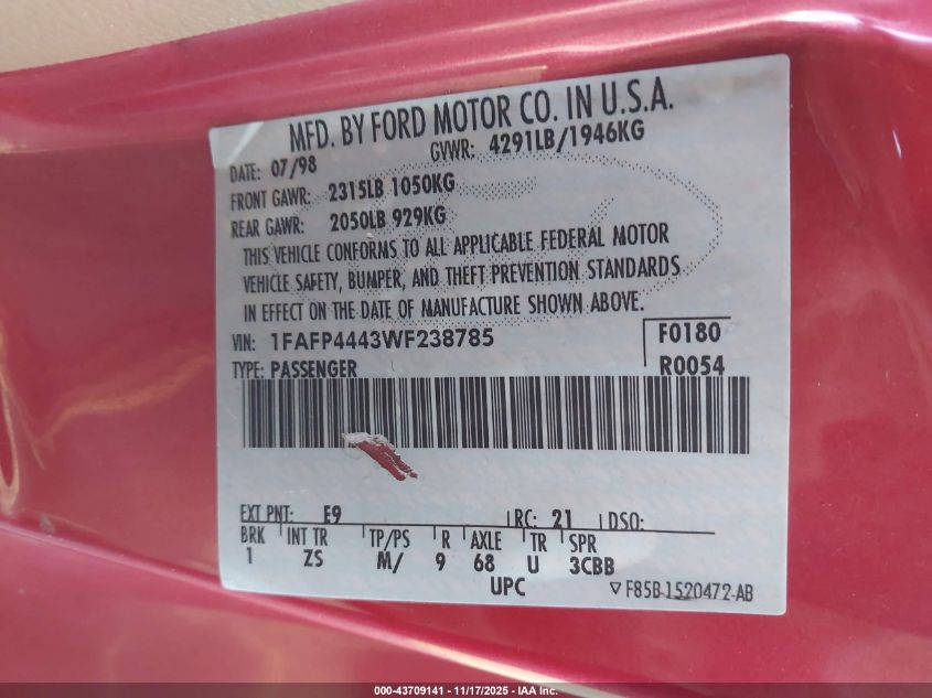 1998 Ford Mustang VIN: 1FAFP4443WF238785 Lot: 43709141