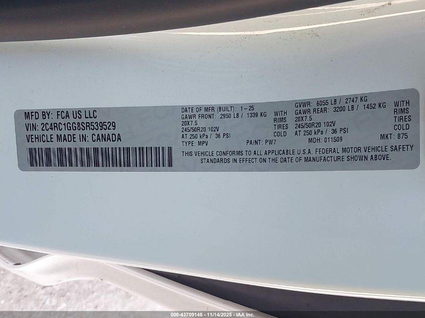 2025 Chrysler Pacifica Limited VIN: 2C4RC1GG8SR539529 Lot: 43709146