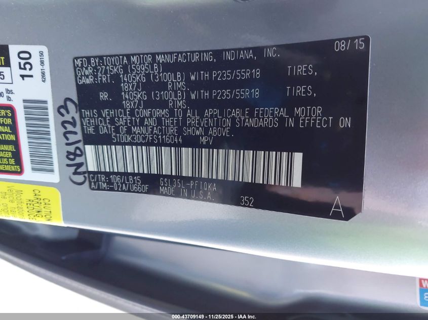 2015 Toyota Sienna Limited Premium 7 Passenger VIN: 5TDDK3DC7FS116044 Lot: 43709149