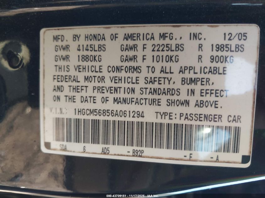 2006 Honda Accord 2.4 Ex VIN: 1HGCM56856A061294 Lot: 43709151