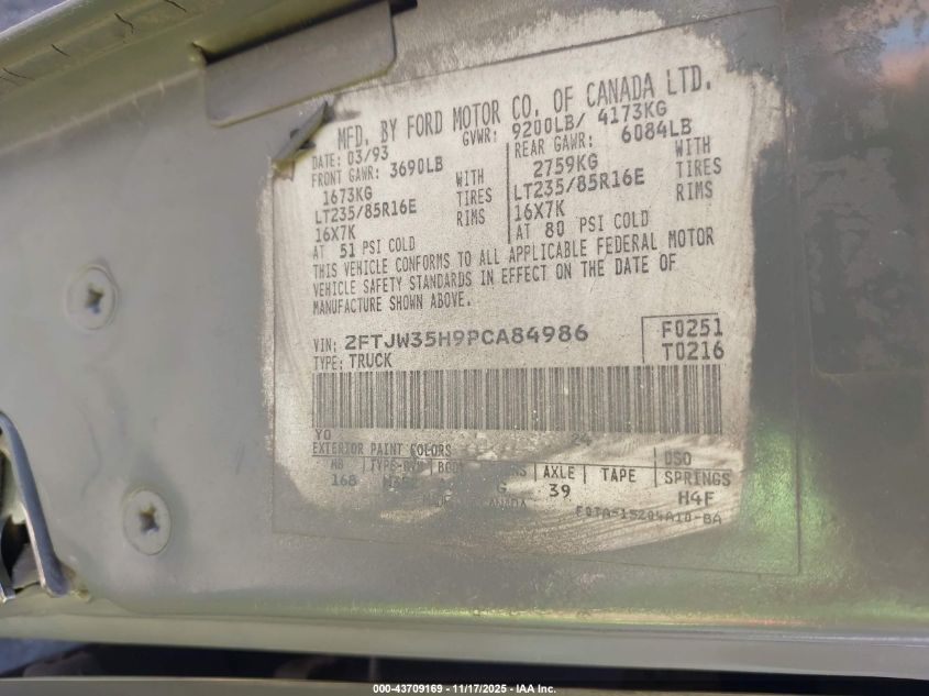 1993 Ford F350 VIN: 2FTJW35H9PCA84986 Lot: 43709169