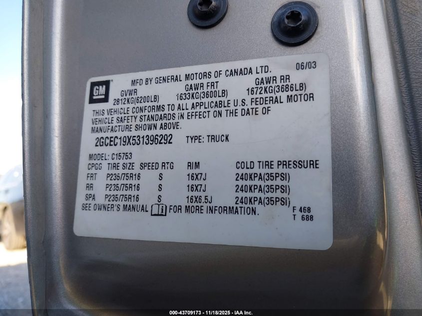 2003 Chevrolet Silverado 1500 Ls VIN: 2GCEC19X531396292 Lot: 43709173