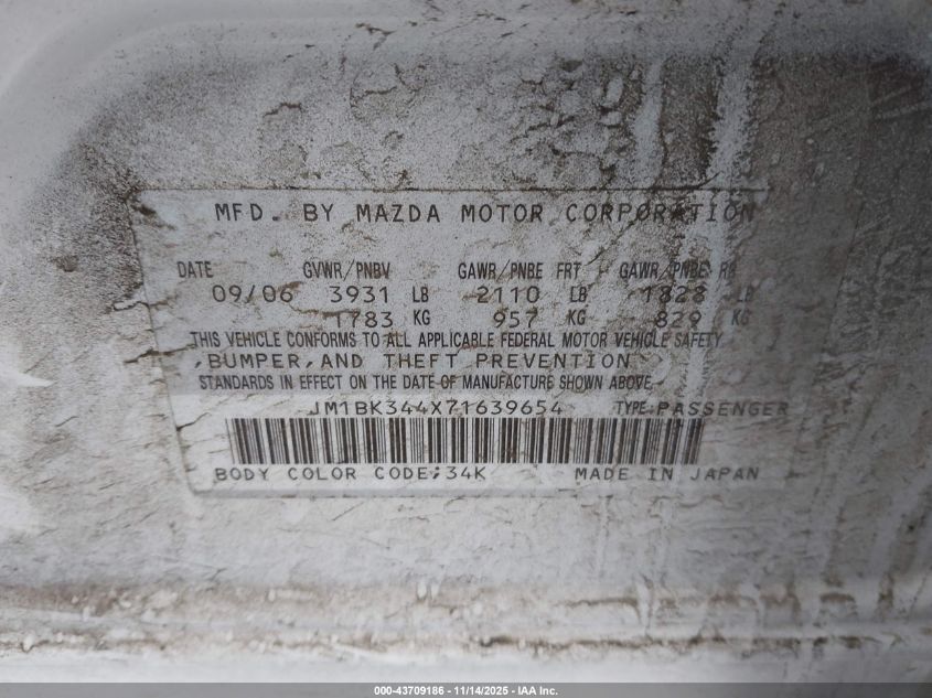 2007 Mazda Mazda3 S Touring VIN: JM1BK344X71639654 Lot: 43709186
