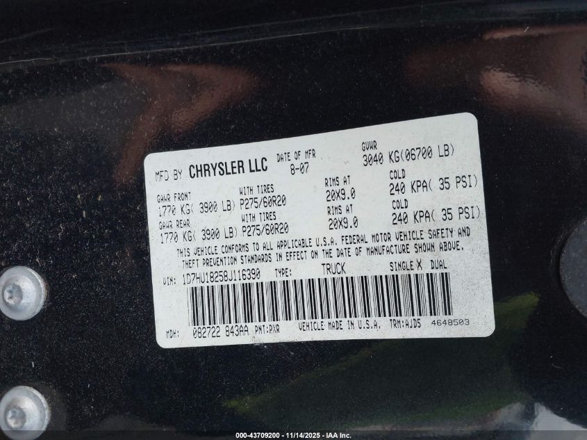 2008 Dodge Ram 1500 Slt VIN: 1D7HU18258J116390 Lot: 43709200