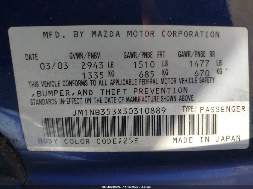 2003 Mazda Mx-5 Miata Cloth/Ls/Se/Shinsen VIN: JM1NB353X30310889 Lot: 43709224