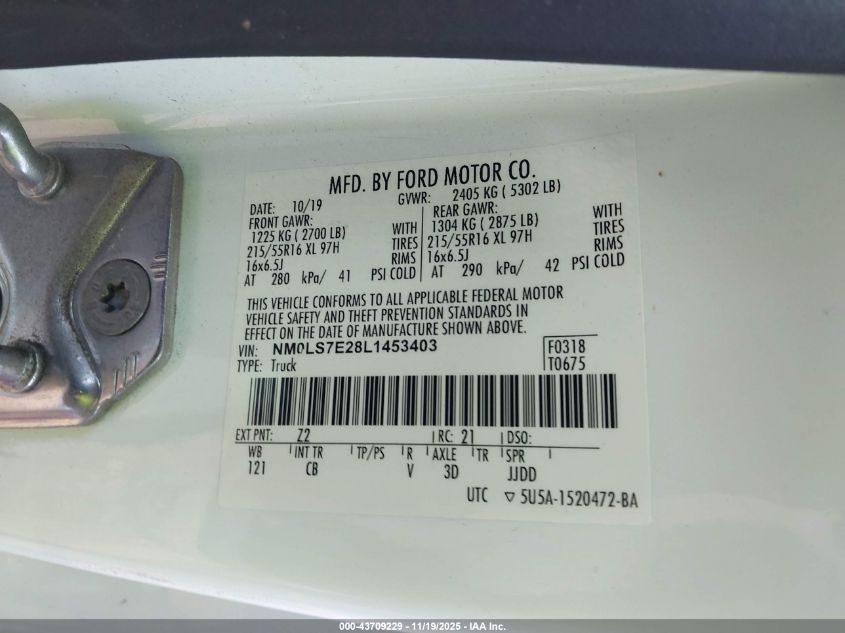 2020 Ford Transit Connect Xl VIN: NM0LS7E28L1453403 Lot: 43709229