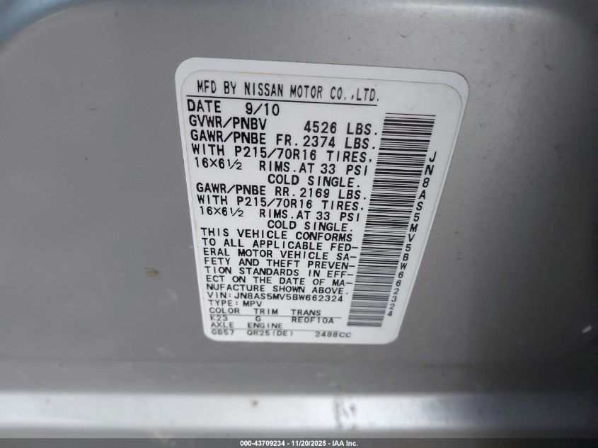 2011 Nissan Rogue S VIN: JN8AS5MV5BW662324 Lot: 43709234