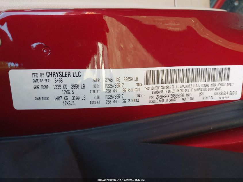 2009 Chrysler Town & Country Limited VIN: 2A8HR64X19R525308 Lot: 43709236