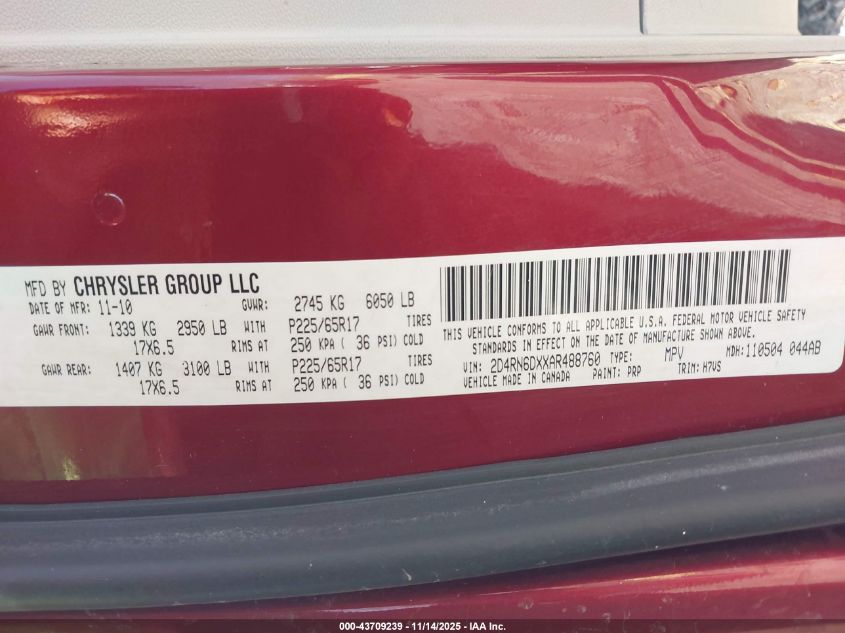 2010 Dodge Grand Caravan Crew VIN: 2D4RN6DXXAR488760 Lot: 43709239