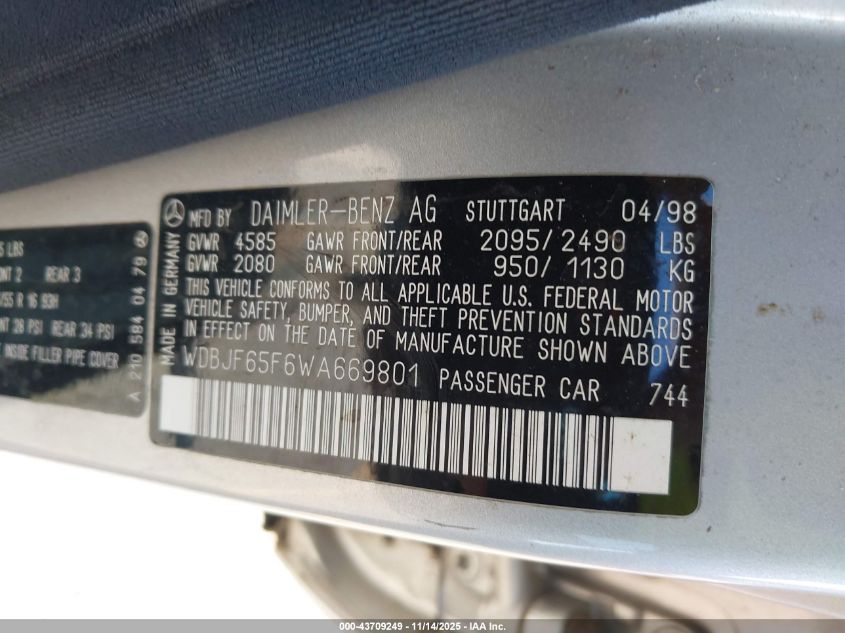 1998 Mercedes-Benz E 320 VIN: WDBJF65F6WA669801 Lot: 43709249