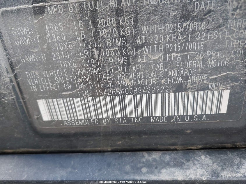 4S4BRBAC0B3422222 2011 SUBARU OUTBACK photo no. 9