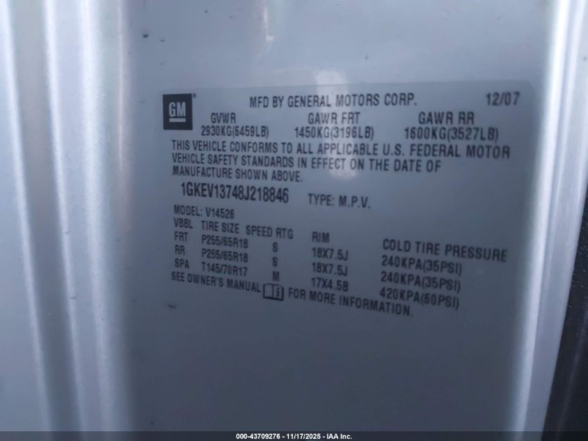 2008 GMC Acadia Sle-1 VIN: 1GKEV13748J218846 Lot: 43709276