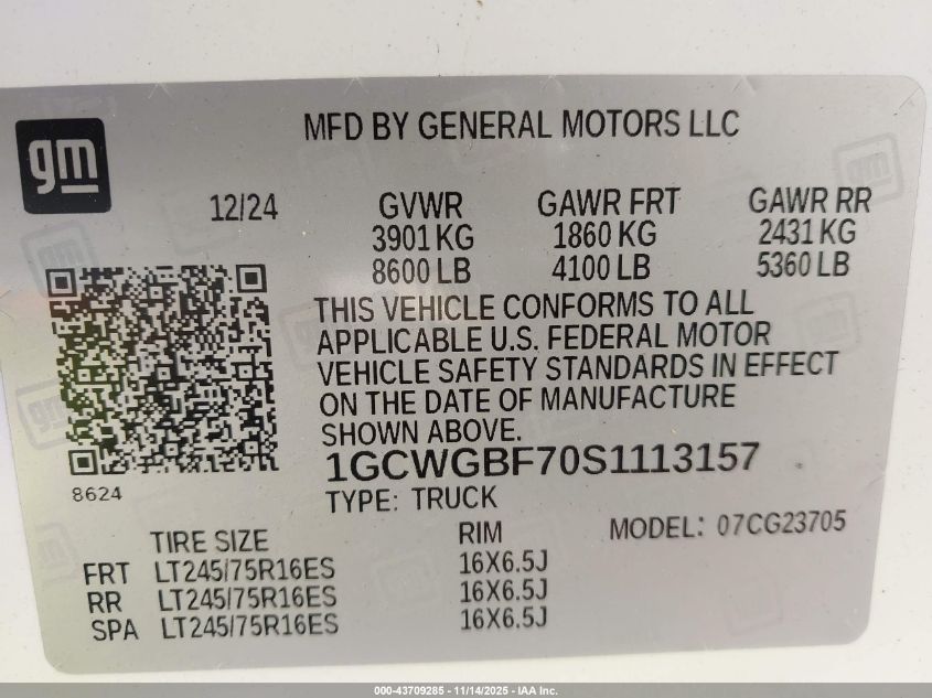 2025 Chevrolet Express Cargo Rwd 2500 Extended Wheelbase Wt VIN: 1GCWGBF70S1113157 Lot: 43709285