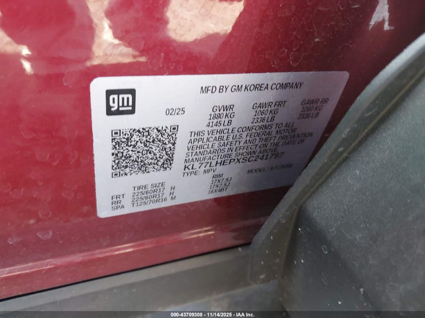 2025 Chevrolet Trax Fwd Lt VIN: KL77LHEPXSC241797 Lot: 43709308