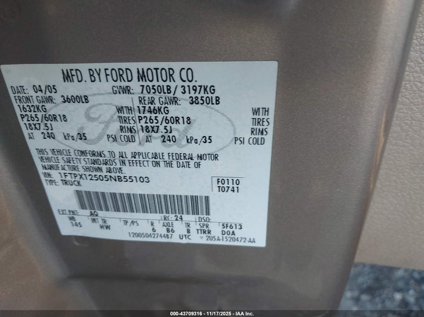 1FTPX12505NB55103 2005 FORD F-150 photo no. 9