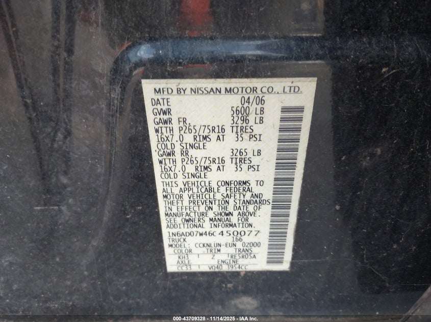 1N6AD07W46C450077 2006 NISSAN NAVARA (FRONTIER) photo no. 9