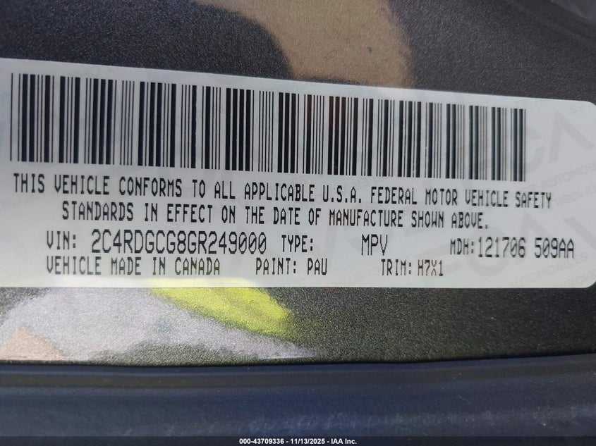 2016 Dodge Grand Caravan Sxt VIN: 2C4RDGCG8GR249000 Lot: 43709336