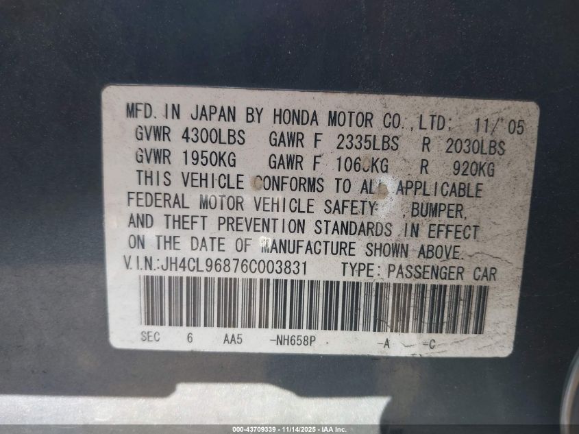 2006 Acura Tsx VIN: JH4CL96876C003831 Lot: 43709339