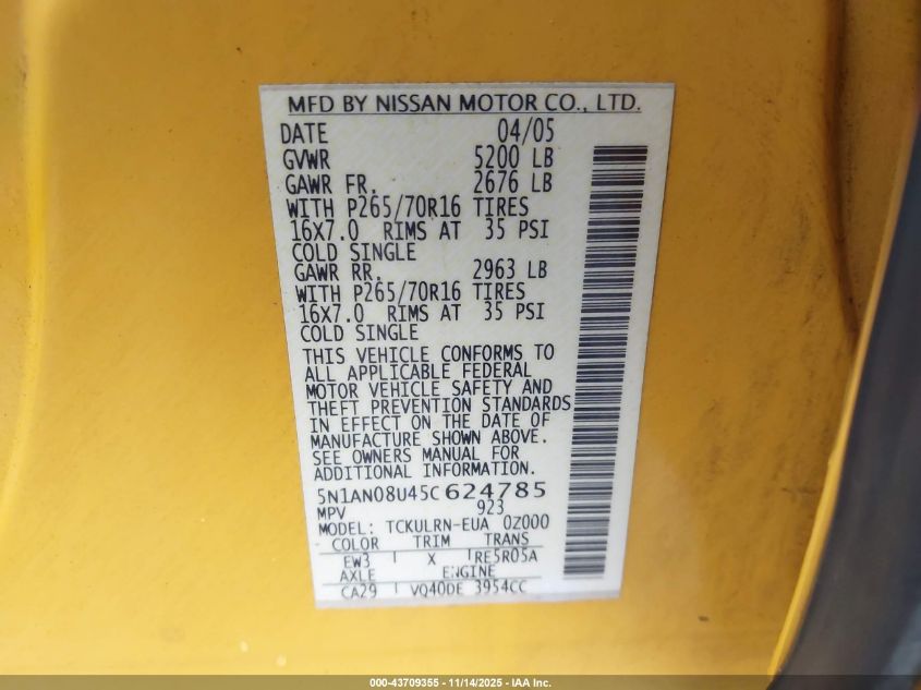 2005 Nissan Xterra S VIN: 5N1AN08U45C624785 Lot: 43709355