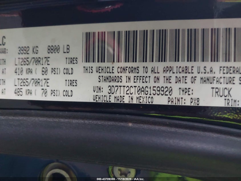 2010 Dodge Ram 2500 Slt VIN: 3D7TT2CT0AG159920 Lot: 43709359